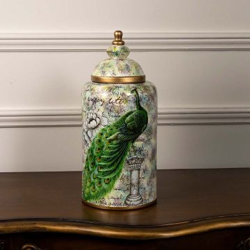 Glossy ceramic jar adorned with a majestic peacock illustration and gold rim ideal for luxury interior decoration.
