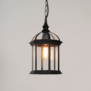calvino arched outdoor hanging lamp clear glass black light on white background