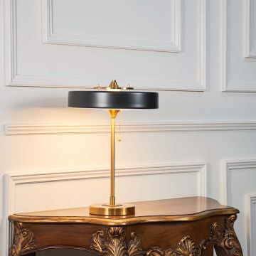Pull The Plug (Matte Gold) Metal Table Lamp with Black Shade Light On White Background