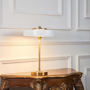 Pull The Plug (Matte Gold) Metal Table Lamp with White Shade Light On White Background
