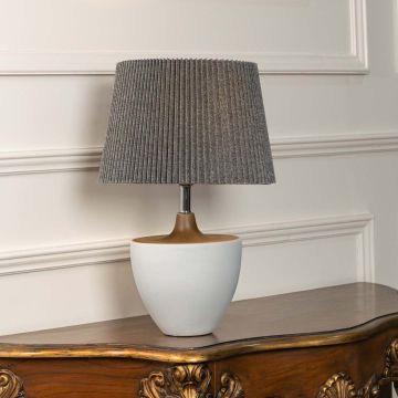 Wabi-sabi Style White Ceramic Table Lamp with Grey Shade Light On White Background