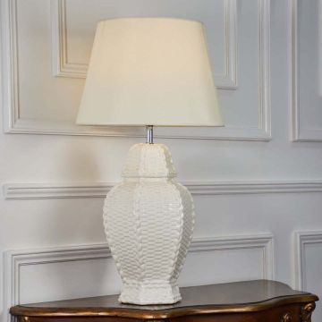 Wicker Style Temple Jar White Ceramic Table Lamp with White Shade Light On White Background