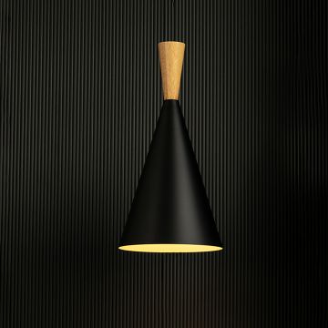 Wood Tip Pendant Lamp - Cone & Black Light On Black Background