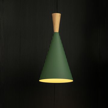 Wood Tip Pendant Lamp - Cone & Green Light On Black Background