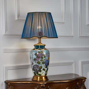 Zest Floral Pattern Multicolor Ceramic Table Lamp with Blue Shade Light On White Background