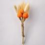 Handmade dried flower boutonniere with orange preserved blooms and jute wrap perfect for groom wedding suit accessory.