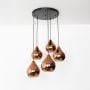 droplet 5 light round cluster pendant light with black ceiling plate light off white background