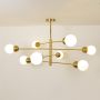Table lamp inspired chandelier displayed on a bright white background featuring frosted round globes and a modern gold metal structure.