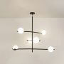 Black metal chandelier with glowing white globes displayed on a clean white background for modern home ceiling lighting.