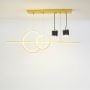 Contemporary gold pendant light with illuminated circular rings and dual spotlights on white background display.