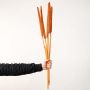Single black bulrush stem on plain white background creating dried floral decor for vases and arrangements.