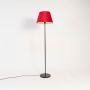caelis linear black floor lamp with suede shade red light on white background