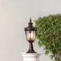 Antique brown pillar light with carved detailing and patterned glass displayed on white background for classic outdoor decor.