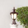 Elegant outdoor brown metal pillar lamp glowing with frosted glass shade perfect for balcony entrance and garden decor.