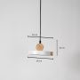 Pendant light with flat round shade and wood detail shown with 18cm width and 12cm height for contemporary interiors.