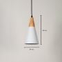 White cone pendant light with wood detail measuring 28 cm in height and 14 cm in diameter creating a modern hanging lamp.