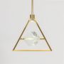 Pendant light with golden triangular frame and crystal center glowing ceiling lamp on white background.