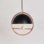Elegant pendant ceiling light with black dome metal shade and golden round frame perfect for bedroom or dining room.