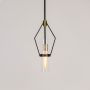 Black and gold geometric pendant light illuminated on a white background highlighting its clear glass shade.