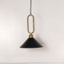 Black conical pendant ceiling light with gold metal frame displayed elegantly against plain off white background for modern decor.