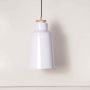 Modern white pendant lamp with tall conical metal shade and wooden accent displayed off on white background decor.