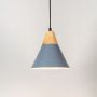 Blue metal pendant light with wooden top and conical shade displayed on plain white background for home lighting.