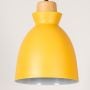 Closeup of yellow pendant ceiling light with wooden accent showing matte finish for kitchen dining and cafe interior lighting.