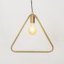 A golden triangle pendant light with bulb switched on showcasing a warm glow inside a 36 cm wide and 35 cm tall triangular metal frame on a clean white background.