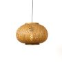 Round rattan pendant light with woven bamboo shade in natural finish turned off against plain white background.