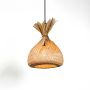 Rattan pendant light with handcrafted tied top woven design displayed on plain white background for home decor.