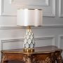 Elegant gold ceramic table lamp with white lampshade illuminated on white background for luxury home decor lighting.