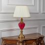Red glass table lamp turned off with fabric pleated shade and brass base displayed on minimal white background.
