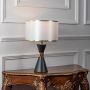 Black ceramic table lamp turned on with fabric drum shade and brass detailing displayed on white background.