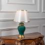 Designer green table lamp with golden base and white shade turned on against white background.