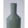 Closeup view of the ribbed green ceramic vase showcasing its textured surface and elegant tapered shape.