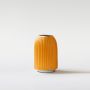 A modern yellow ribbed vase placed against a bright white background offering a clean minimal and elegant product look.