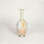 Bottleneck porcelain vase with abstract linear art design isolated on clean white background for modern decor styling.