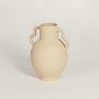 Beige ceramic decorative vase with dual handle design perfect for modern living room console table or shelf decor styling.