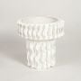 White ceramic frilled large vase with layered sculpted rim isolated on white background for elegant decor display.