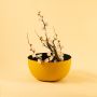 Bold yellow textured metal bowl displayed in a soft neutral scene bringing vibrant modern style to home decor.