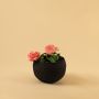Black round textured planter bowl styled in a cozy modern interior adding bold minimal charm to the space.