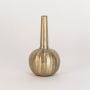 Metallic gold vase with ribbed globe base and slender neck clearly displayed on plain white background for showcase
