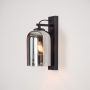 Assorted images of modern black wall sconce including dimensions bedroom lifestyle and closeups for complete product visual reference.