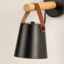 Closeup of black wall lamp highlighting wooden handle leather strap and sleek matte finish for stylish interiors.