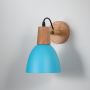 Stylish wall sconce with teal blue shade wooden base and black cord perfect for bedroom living room and study walls.