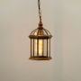Calvino Arched Outdoor Hanging Lamp Gold light on white background
