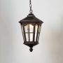 Classic outdoor hanging lantern with transparent glass panels and black metal frame against white background.