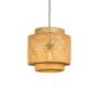Layered rattan pendant light with woven bamboo shade turned on glowing softly against plain white background.